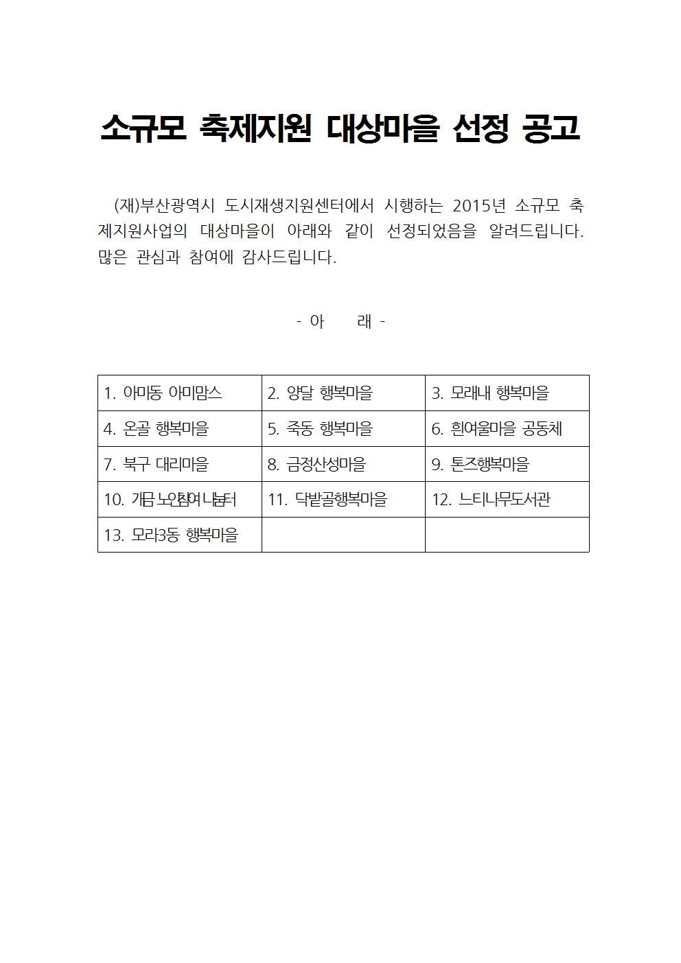 소규모 축제지원 대상마을 선정 공고