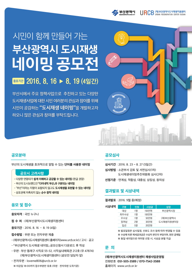 시민이 함께 만들어 가는 부산광역시 도시재생 네이밍 공모전. 2016.8.16~8.19 (4일간)